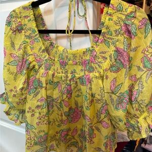 Sundry Yellow Smocked Flutter Sleeve Blouse